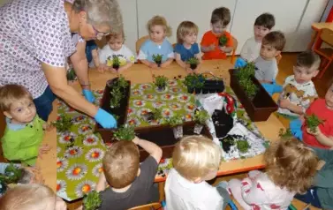 Sala zabaw-dzieci siedzą przy stolikach, na kt&oacute;rych stoją skrzynki z ziemią i kwiatkami. Niekt&oacute;re z nich w ręce trzymają sadzonki. 