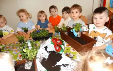 Sala zabaw-dzieci siedzą przy stolikach, na kt&oacute;rych stoją skrzynki z ziemią i kwiatkami. Niekt&oacute;re z nich w ręce trzymają sadzonki.