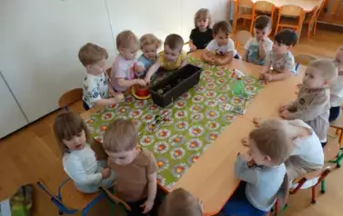 Sala zabaw-dzieci stoją przy stoliku, na kt&oacute;rym znajduje się skrzynka z ziemią. Tuż obok stoi pojemnik z ziarnem. Dzieci rączkami dotykają ziarenek.