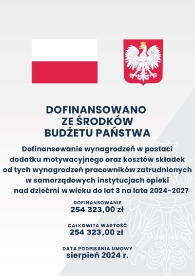 W lewym górnym rogu flaga biało-czerwona, w prawym górnym rogu godło państwowe. Poniżej granatowy napis: Dofinansowanie ze środków budżetu państwa ...