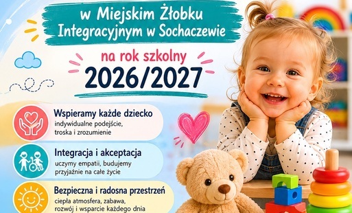 Kolorowy plakat z napisami i śmiejącą się dziewczynką.