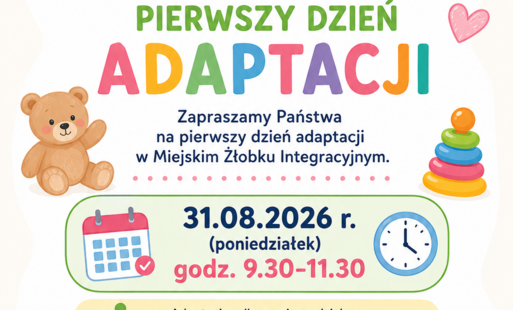 Grafika przedstawia białą tablicę z kolorowymi napisami na temat adaptacji dzieci w żłobku.